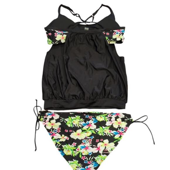 NEW Black Floral Bloussant Tankini Modest 2 Piece Swimsuit Women's XL - Picture 3 of 4